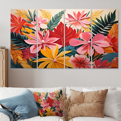 Motif de jungle tropicale rose II - Fleurs, art mural sur toile 4 pièces