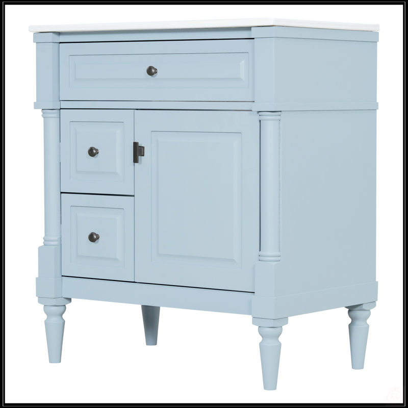 30 Inch Freestanding Bathroom Vanity With Ceramic Sink, Flip Drawer, And Adjustable Shelf For Modern Bathrooms, Blue/Gray