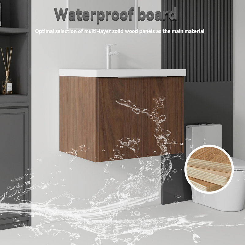Meuble-lavabo flottant 24 po avec lavabo, porte à fermeture en douceur, évier en céramique, contreplaqué, brun, Brun, L 24 po