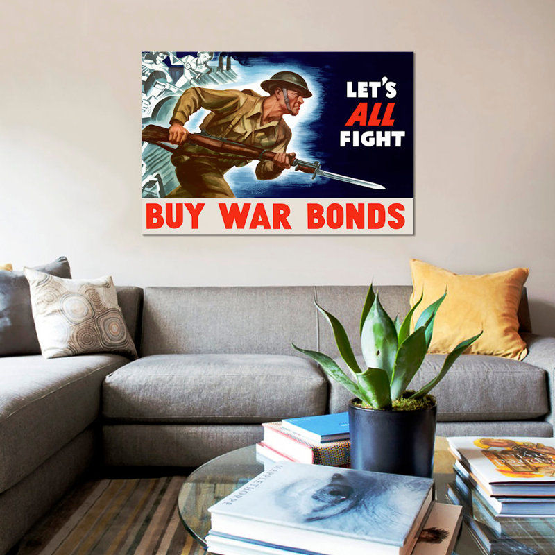 " Let's All Fight - Buy War Bonds Vintage Wartime Poster " by John Parrot, 18" H x 26" W x 1.5" D, Wrapped Canvas, No Matte
