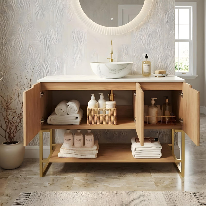 Armoire de salle de bain autoportante avec 3 portes et tablettes ouvertes