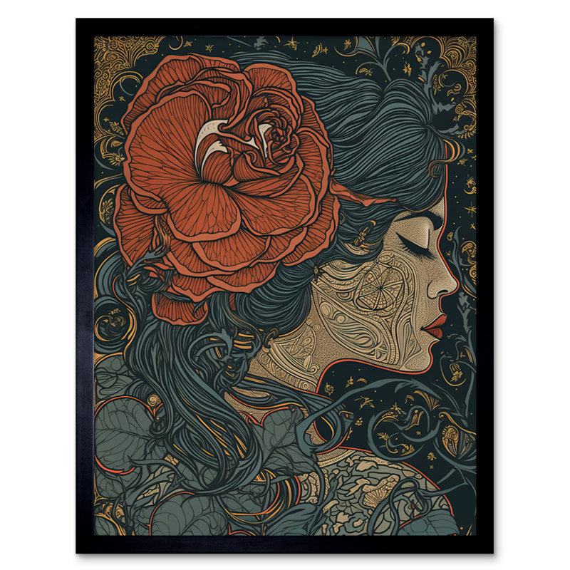 Cardere Woman with Rose in Her Hair Linocut Single Picture Frame Wall Art