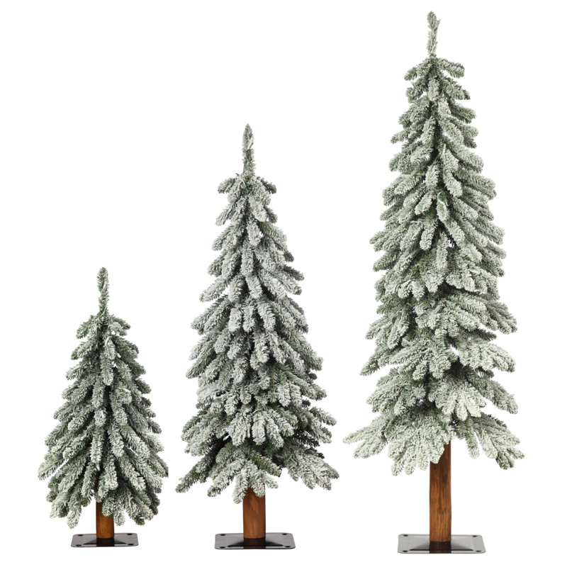 Ensemble de 3 arbres de Noël alpin enneigé avec troncs en bois véritable - tailles de 2, 3 et 4 pieds