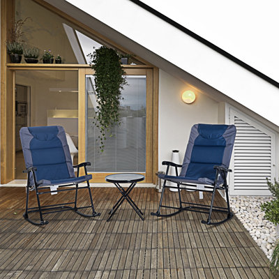Ensemble de mobilier d'extérieur 3 pièces avec table basse en verre et 2 chaises berçantes pliantes et rembourrées