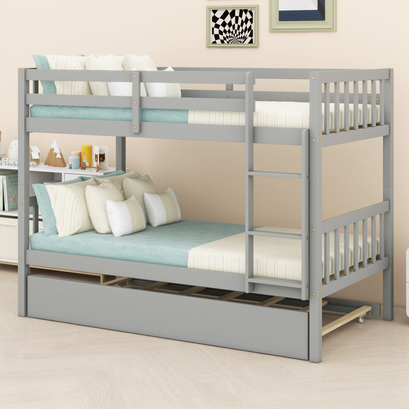 Space-Saving Wooden Bunk Bed With Trundle And Detachable Two Beds, Gray