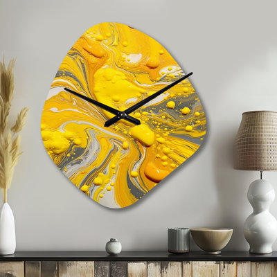 Marmolejo Yellow and Grey Cosmic Vibrations I - Unique Shape Abstract Metal Wall Clock, Yellow Wall Clock Print