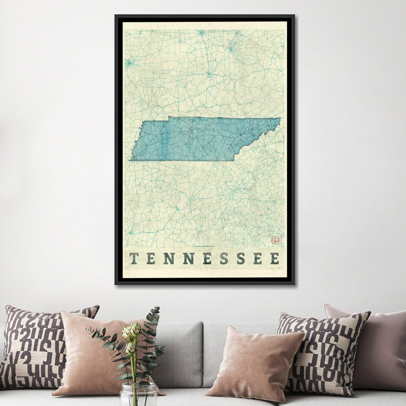 « tennessee map », impression sur toile, H 26 po x l 18 po x P 1,5 po, Toile avec cadre noir, Pas de tapis