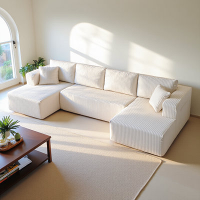 132" U Shaped Modular Sectional Sofa, Comfy Compressed Cloud Couch With Side Pockets, Modern Minimalist Corduroy Memory Foam Sleeper Sofa For Living Room, No Assembly Required,beige