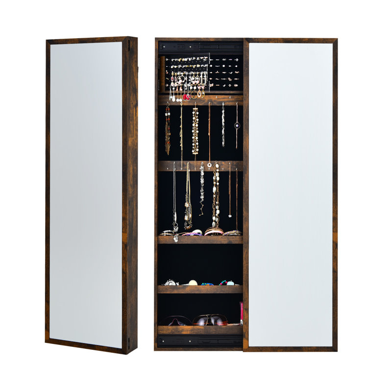 Blayde Wall Jewellery Cabinet with Mirror Jewelry Armoire, Rustic Brown