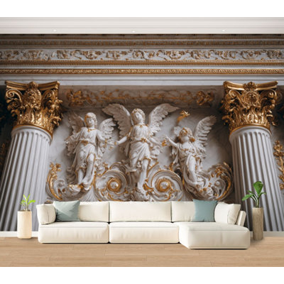 Papier peint adhésif classique en marbre blanc à motif de contact mural amovible auto-adhésif de style baroque doré pour salle de séjour H 100 po x l 144 po