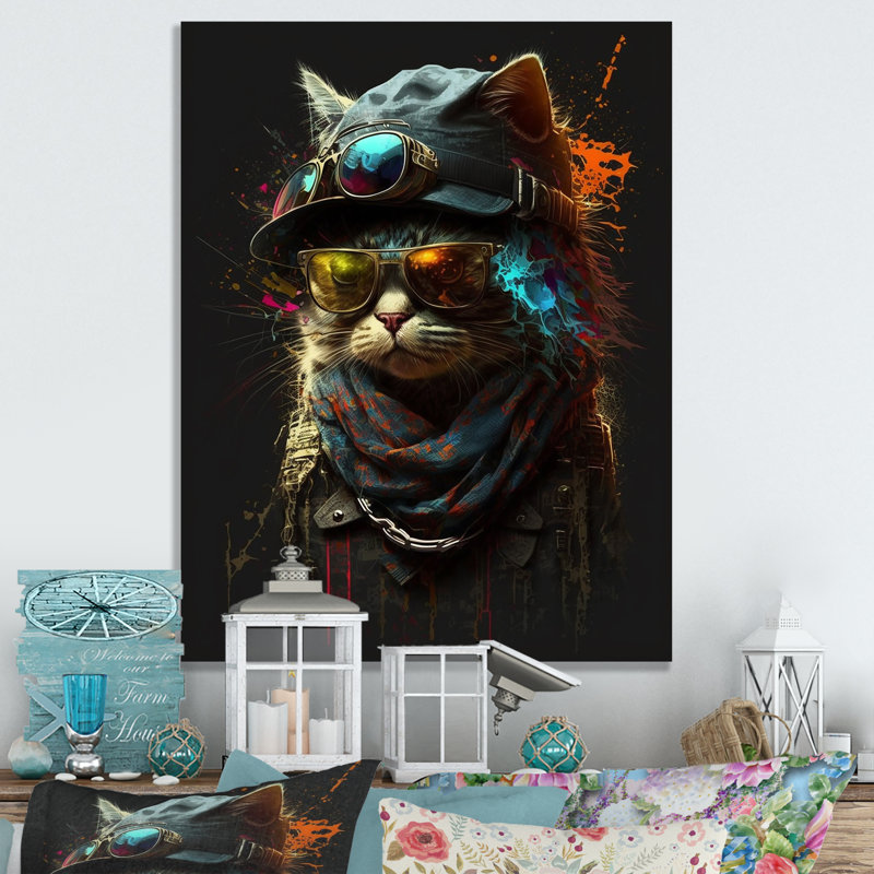 Art mural sur toile Cool Cat avec lunettes de soleil et chapeau IV, H 20 po x l 12 po x P 1 po, Toile tendue