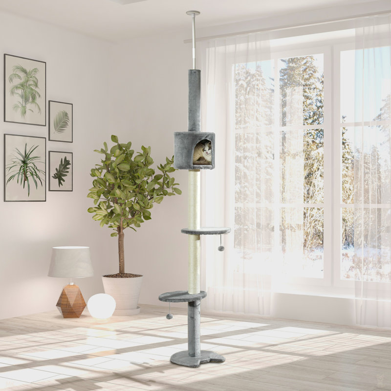 Arbre à chat à hauteur réglable pour plancher et plafond à 4 niveaux pour chat