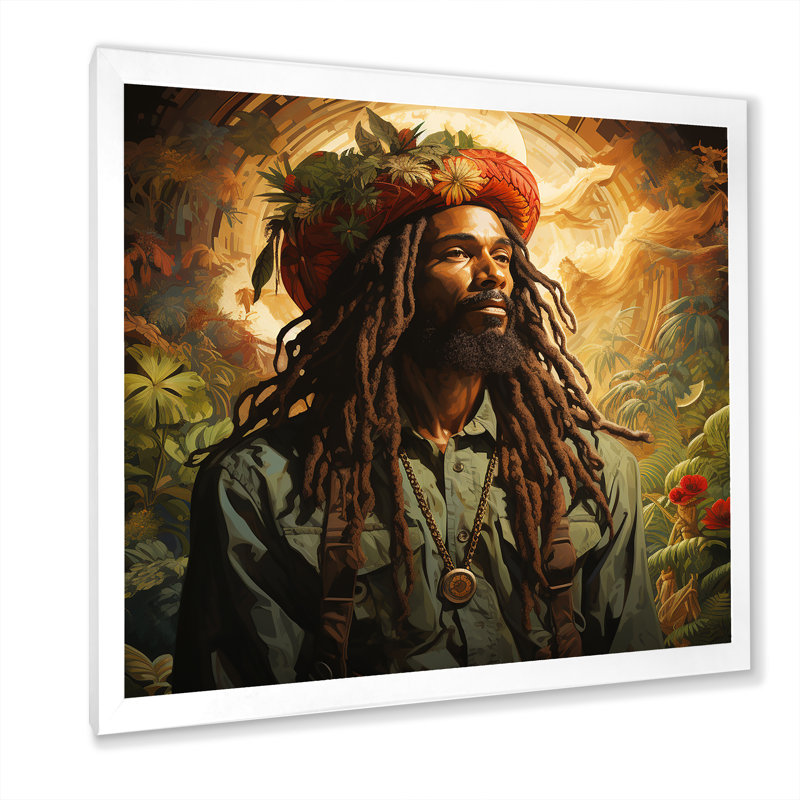 «Rastafarian Man In Jungle Forest Sunset» sur, Cadre simple blanc, H 30 po x l 30 po x P 1 po
