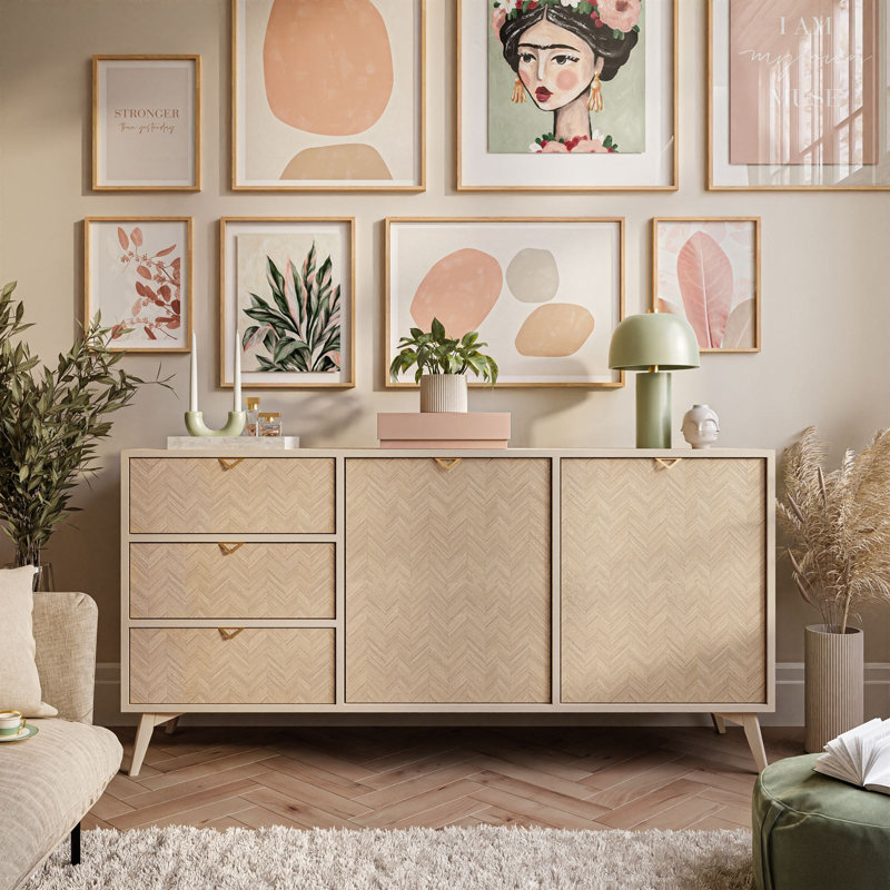 Dajha 158 cm W Chest of 3 Drawers, Sand Beige/Herringbone Scandi Pattern