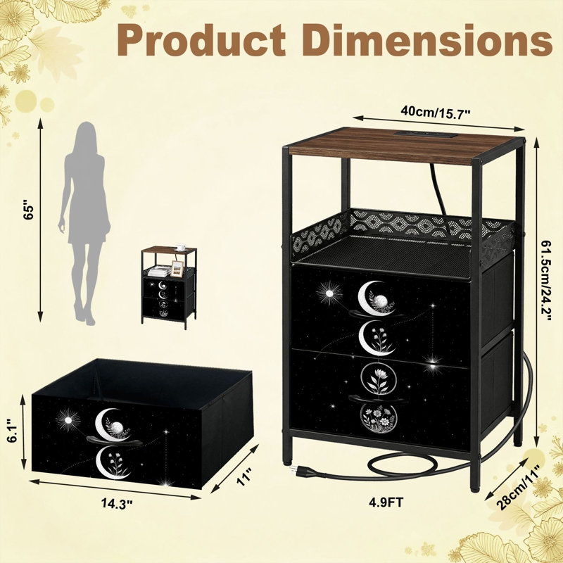 Table de chevet 2 tiroirs avec station de charge, table de chevet de chambre à coucher avec ports USB et prises ouvertes - tablette noire