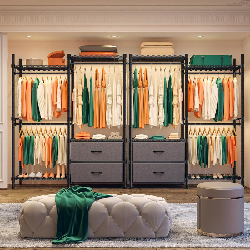 Black Adjustable Heavy Duty Clothing Rack with Gray Drawers