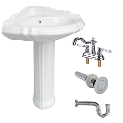 Lavabo de salle de bain sur pied en porcelaine vitreuse blanche 26 "avec trop-plein, robinet central 4", bonde et siphon en P