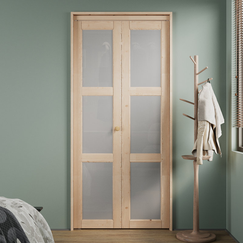 LuminaMatte™ Double Pine Wood Unfinished 3 Lite Glass Bi-Fold Door With Hardware Kit(Pantry,Closet), 24" x 80"