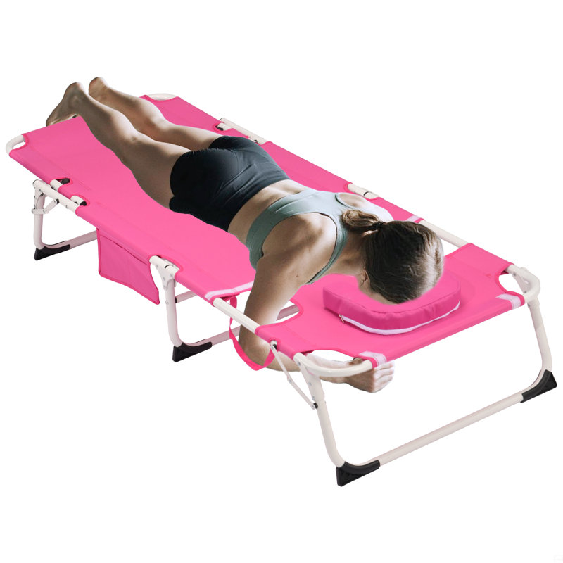 3-In-1 Heavy Duty Tanning Chair With Face Hole Adjustable 5-Position Folding Chaise Lounge Chairs, Rose Red