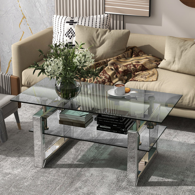 Bureau rectangulaire en verre trempé avec plateau pour clavier - fonctionnel pour les espaces de travail, table basse à 2 couches, base en métal et bureau personnel élégant