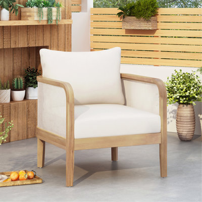 Fauteuil club d'extérieur en bois d'acacia, mobilier de patio en textilène, siège profond à coussin épais imperméable pour porche, jardin, cour arrière, balcon, capacité de poids de 400 lb, finition teck clair, beige