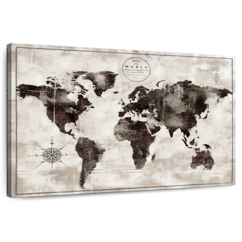 Carte du monde rustique Aliaz en noir et blanc, H 16 po x l 24 po
