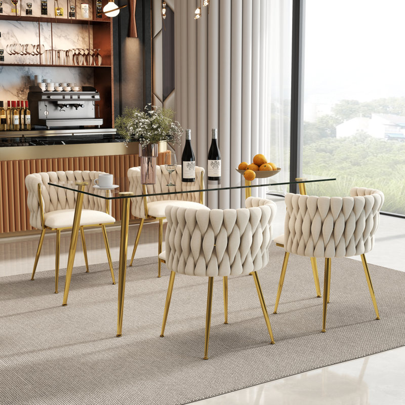 Ensemble de salle à manger rectangulaire moderne avec chaise rembourrée, 5 pièces: table, 4 chaises, Beige/or, Doré