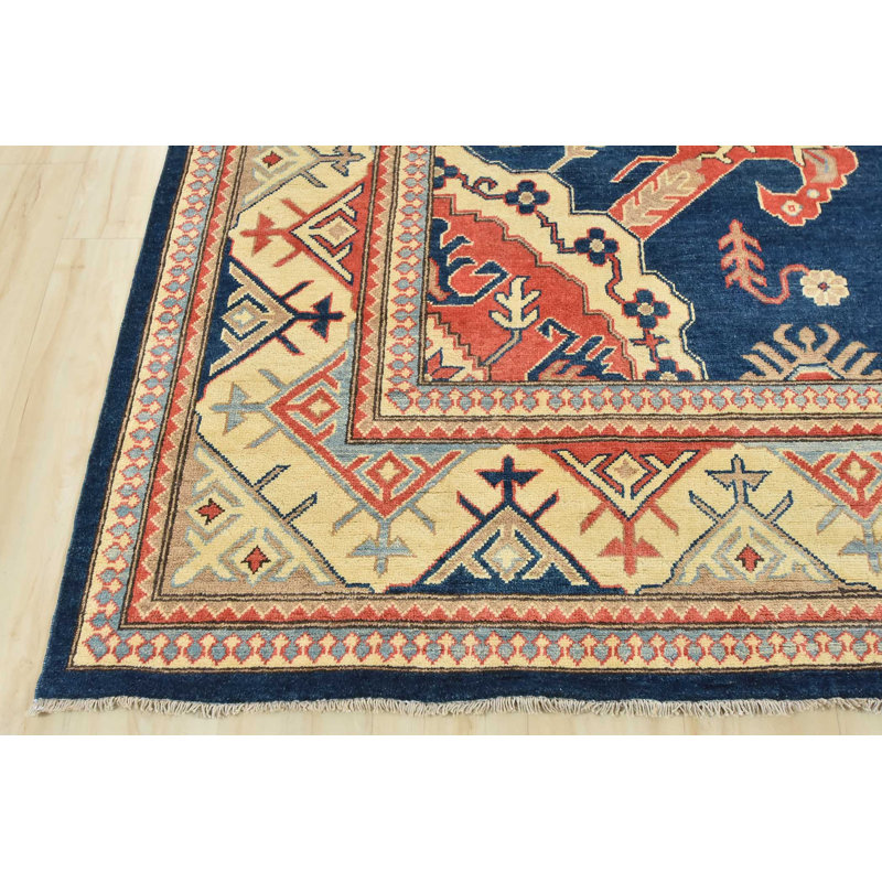 Tapis bleu en laine noué à la main de conception unique 8 pi 11 po x 11 pi 7 po Fynlay