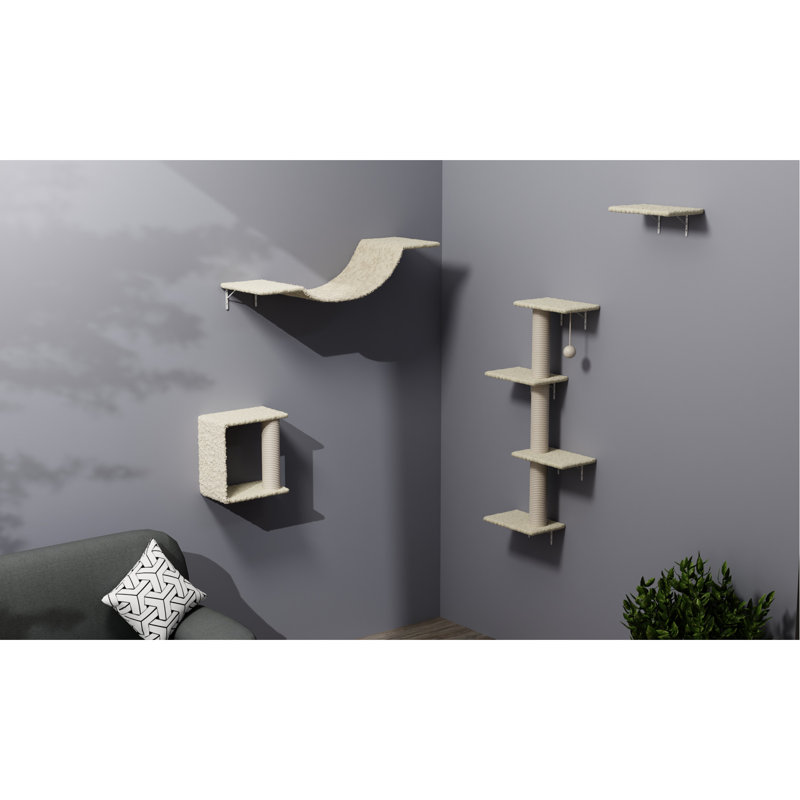Meuble pour chat 4 pièces avec tablettes, pont, marches et arbre en corde, fabrication de panneaux de particules, structure verticale peu encombrante, mur de bricolage personnalisable, conception facile à installer et réglable