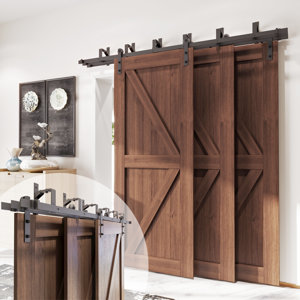Black Rustic Triple Track Bypass Three Door Hardware Kit For Door Thickness 1 3/8in to 1 3/4in Use