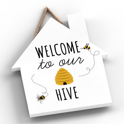 Bee Welcome to Our Hive Wall Décor Wooden House Plaque