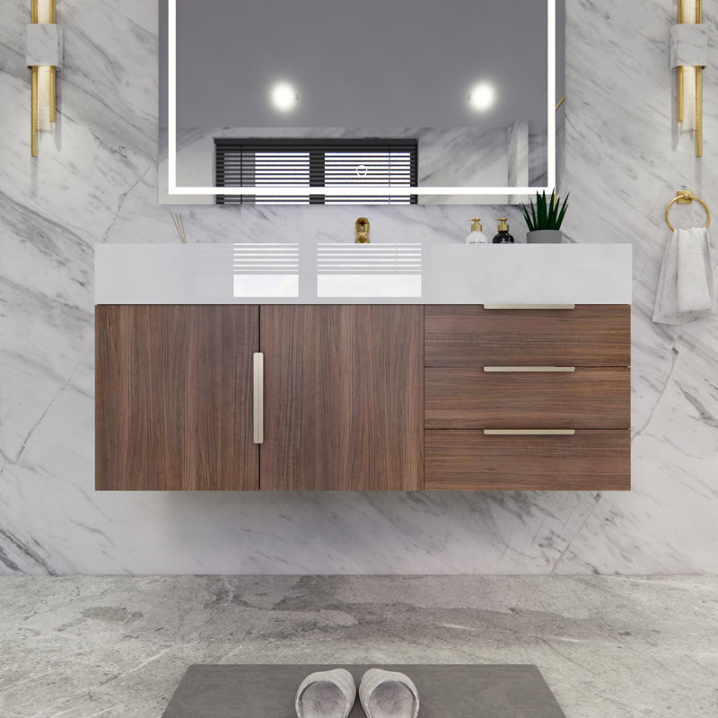 Ensemble de meuble-lavabo simple mural 48 po Glasgow, Bois de rose, Blanc