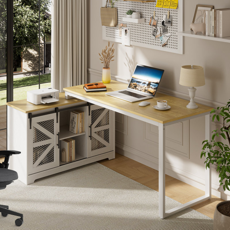 Detrell 65” L-Shape Home Office Desk with Cabinet and Sliding Barn Doors, Farmhouse Executive Desk With Outlet, Rustic Computer Desk