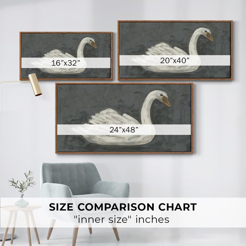 Cygne blanc / cygne noir II - Toile tendue avec châssis encadré - Prêt à être accroché, H 25 po x l 49 po, Noyer