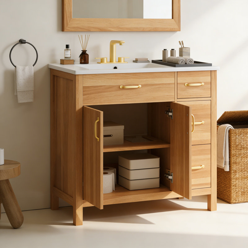 Meuble-lavabo moderne 36 po avec cadre en pin massif, 1 porte à fermeture douce et 3 tiroirs, armoire de rangement moderne