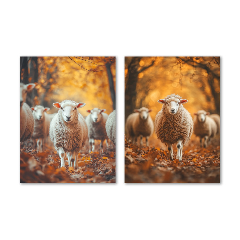 «Autumn Wanderers Sheep Portrait I» - ensemble de 2 impressions murales en métal grand animal, 32" H x 48" W