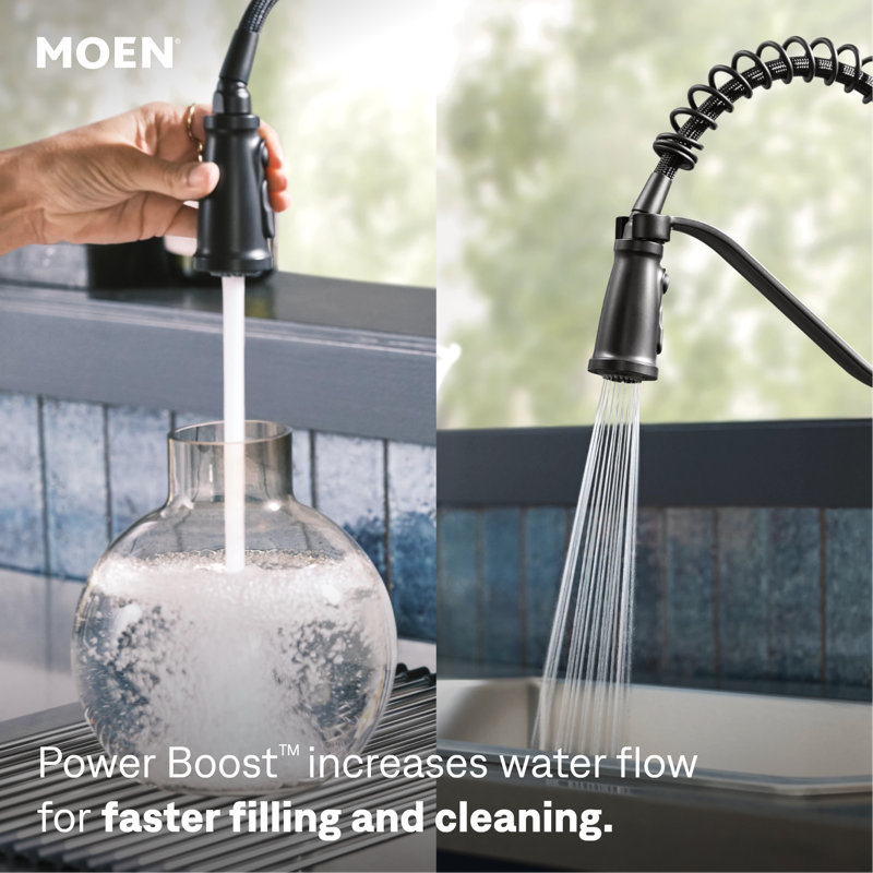 MOEN Nolia Single-Handle Pre-Rinse Spring Pulldown Sprayer Kitchen Faucet with Power Boost in Matte Black, Matte Black