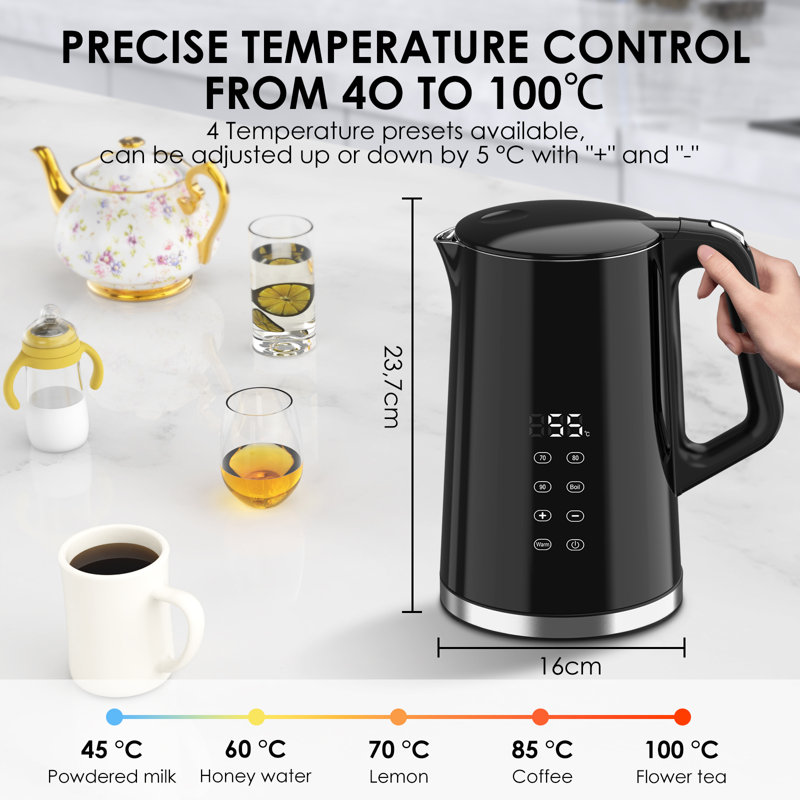 Stainless Steel Kettle 1.7 L 2200 W, with Temperature Selection 40-100°C, Digital Temperature Display, Keep Warm Function, Double Wall, Dry Boil Protection, BPA-Free, Black