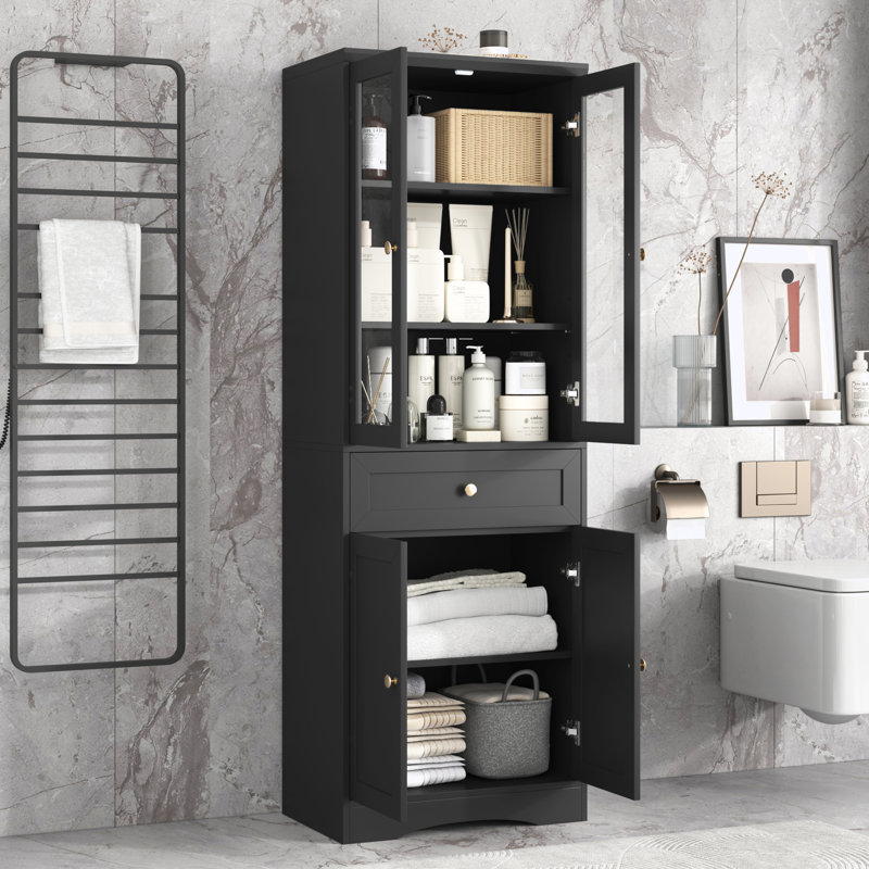Armoire de rangement haute pour salle de bain, armoire avec quatre portes et tiroirs, tablette réglable