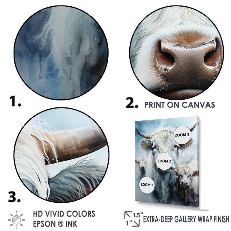 Aquarelle Highland Yaks Family I - Yaks, art mural sur toile, Cadre flottant doré, H 32 po x l 24 po