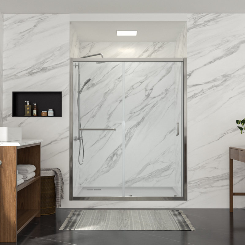 60" W x 72" H Framed Single Sliding Shower Door Bathroom Tempered Glass Shower Door with Handle and Towel Bar