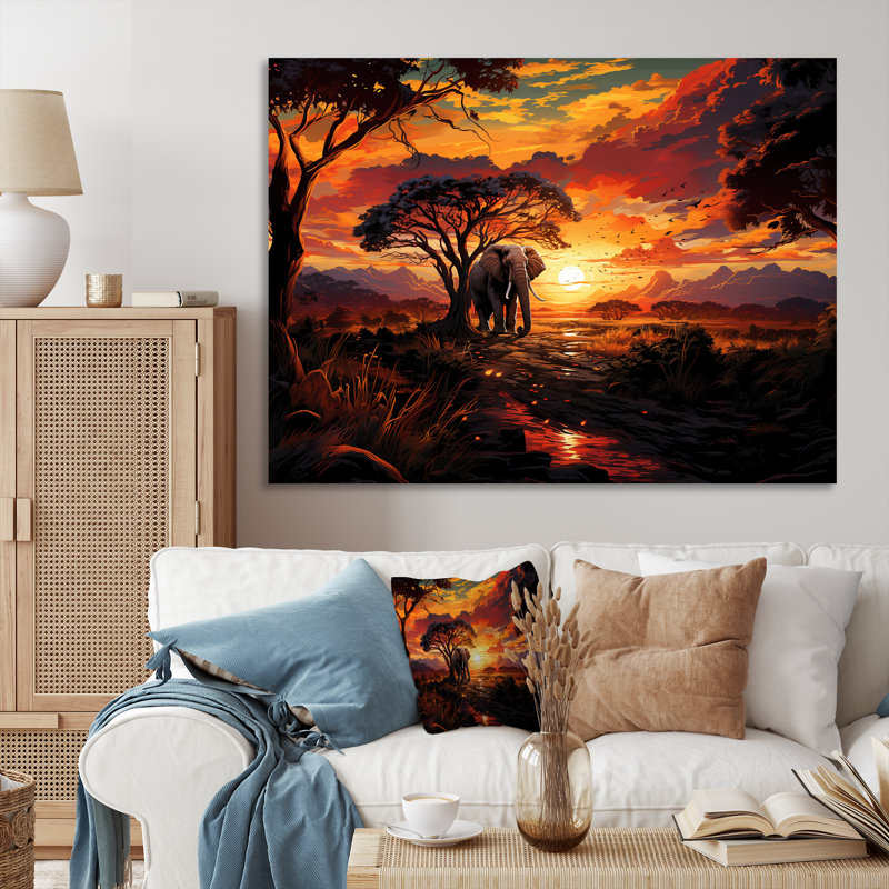 Coucher de soleil africain sur la jungle avec éléphant - paysages abstraits, art mural, Toile tendue