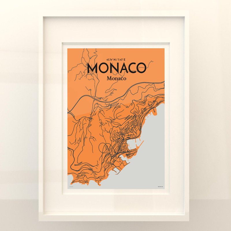 Monaco City Map In Orange - No Frame Print, 24cm H x 18cm W x 0.05cm D