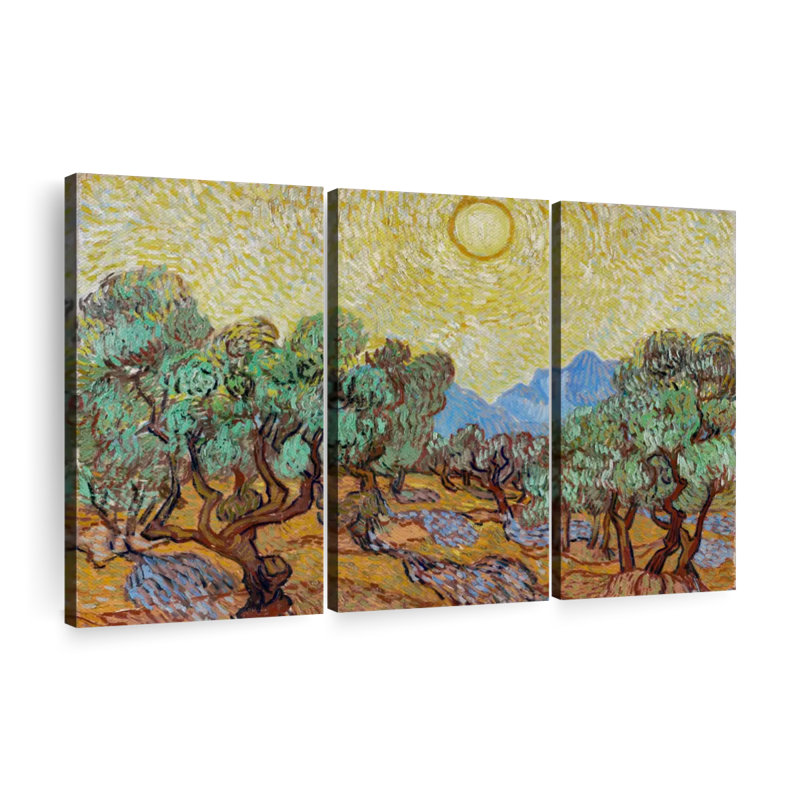 «Oliviers avec ciel jaune et soleil» 3 pièces, H 28 po x l 45 po