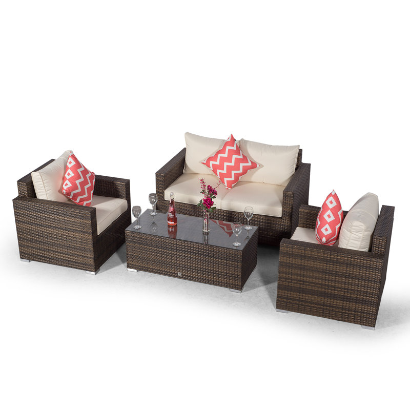 Villatoro Brown Rattan 2 Seat Sofa + 2 X Armchairs & Rectangle Coffee Table, Outdoor Patio Garden Furniture