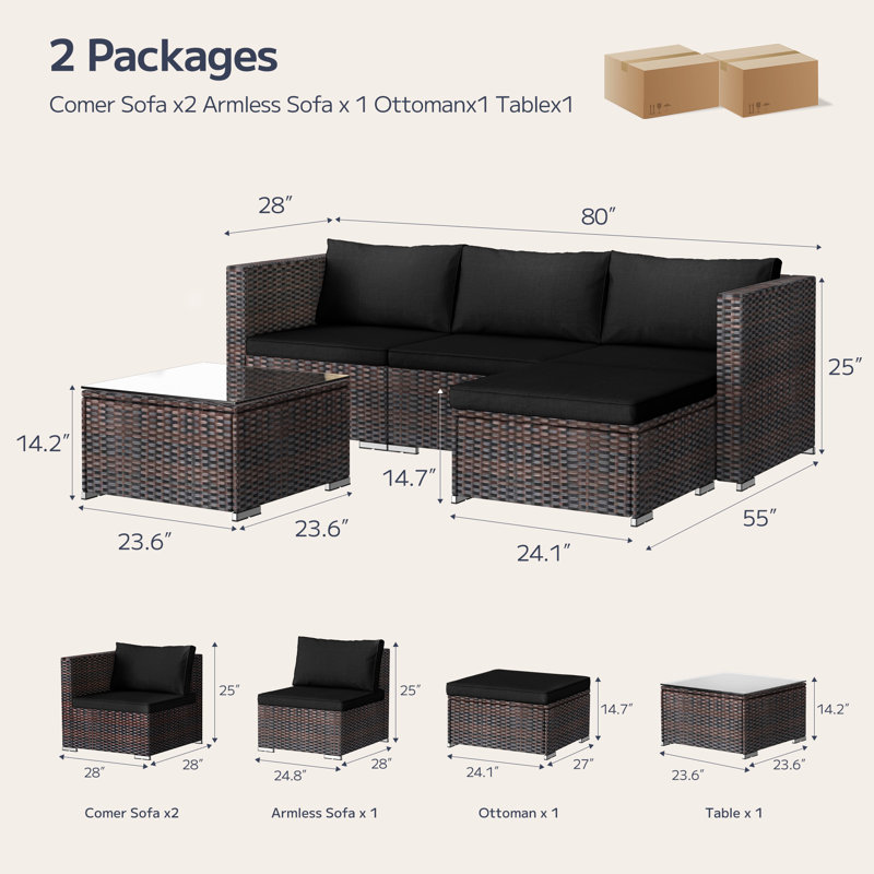 Ensemble de conversation modulaire en osier pour 3 personnes avec coussins, Noir