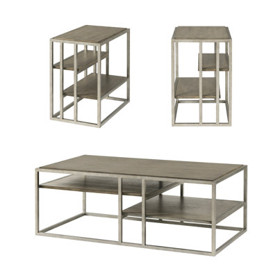 Living Room Table : 1 Coffee  2 Chairside Tables, Metal, Wood, Brown Color, Rectangular, Fixed Shelves And Tables : Color Scheme, Two Shelves, Stylis