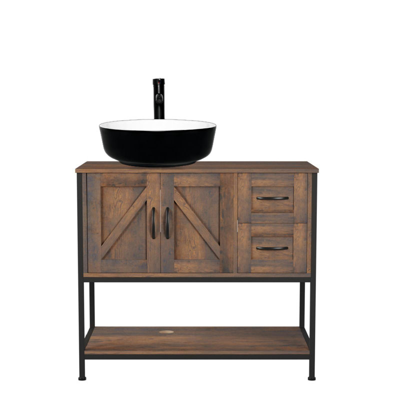 Meuble-lavabo simple 36 po avec lavabo sur pied Farmhouse, Noir / blanc