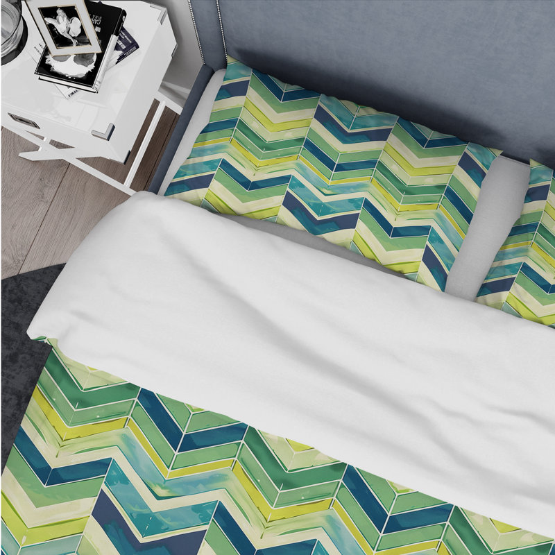 Ensemble de housse de couette à chevrons bleu et vert I - Tiles, Housse de couette pour grand lit et 2 taies décor