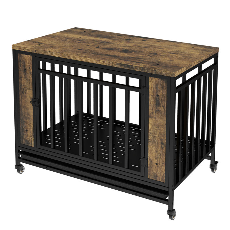 Table de salle à manger en bois avec porte en fer et plateau pour petits chiens à l'intérieur